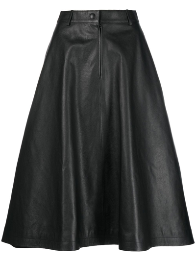 Balenciaga Leather Midi A-line Skirt In Black