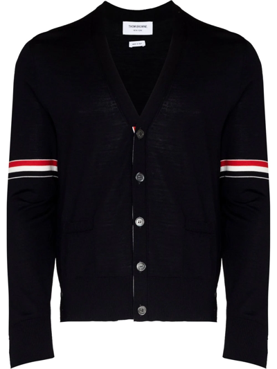 Thom Browne Stripe Armbands Merino Wool Cardigan In Black