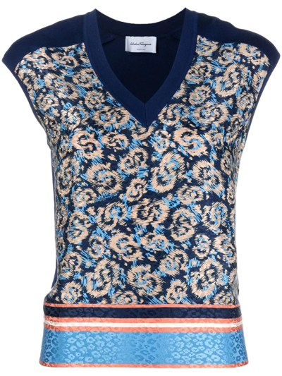 Ferragamo All-over Graphic-print V-neck Vest In Blue