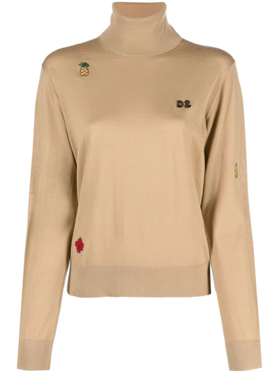 Dsquared2 Logo-embroidered Roll Neck Jumper In Brown