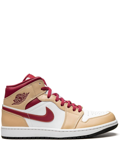 Jordan Air  1 Mid Trainers In White/tan/red