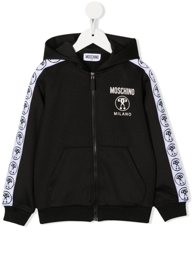 Moschino Kids' Black And White Zip Sweatshirt In Polyester With Double Question Mark Logo On The Band Sewn On The S