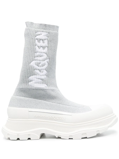Alexander Mcqueen Knitted High-top Sneakers In Silber