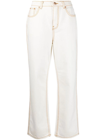 Tory Burch Topstitched High-rise Straight Jeans In White