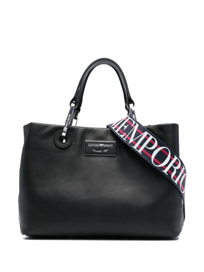 Emporio Armani Logo-plaque Leather Tote Bag In Schwarz