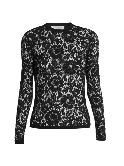 Valentino Long Sleeve Floral Lace Top In Black