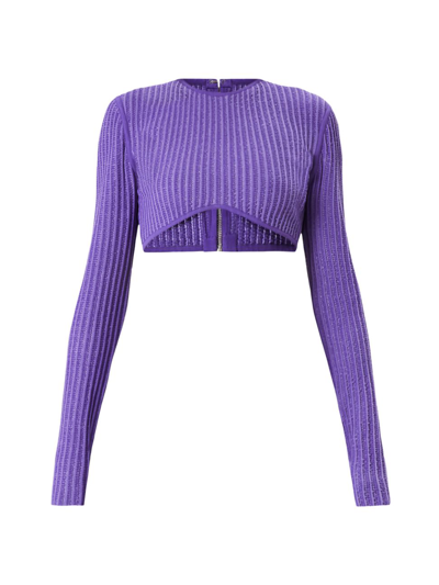 Herve Leger Cropped Metallic Ribbed-knit Recycled Viscose-blend Top In Ultra Violet