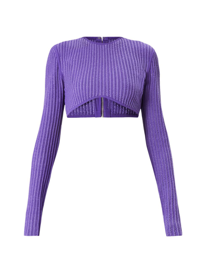 Herve Leger Cropped Metallic Ribbed-knit Recycled Viscose-blend Top In Ultraviolet