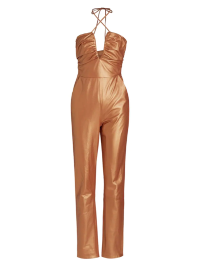 Zeynep Arcay Leather Halter Jumpsuit In Copper