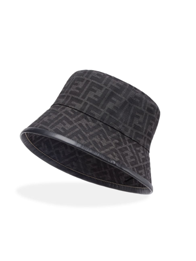 Fendi Brand-pattern Curved-brim Woven Bucket Hat In Black