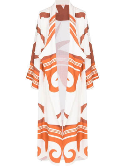 Johanna Ortiz White Reclamos Del Mar Printed Linen Kimono Coat In Multi