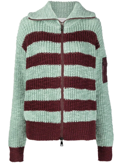 Moncler Woman Mint Green And Burgundy Striped Wool And Cotton Cardigan