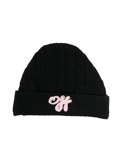 Off-white Kids' Off Cable 初剪羊毛套头帽 In Black/ Pink