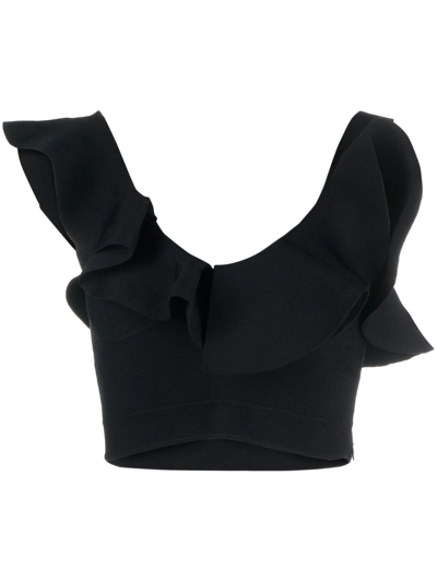 Alexander Mcqueen Frilled-neck Cropped Stretch-woven Top In Black