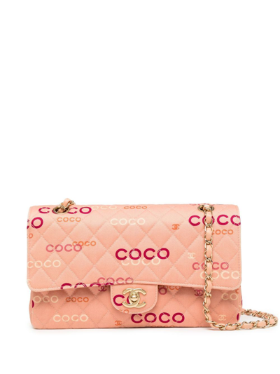 Pre-owned Chanel 2002 Logo Print Double Flap Shoulder Bag In Pink