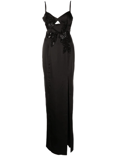 Marchesa Notte Embellished Floral Appliqué Evening Dress In Black