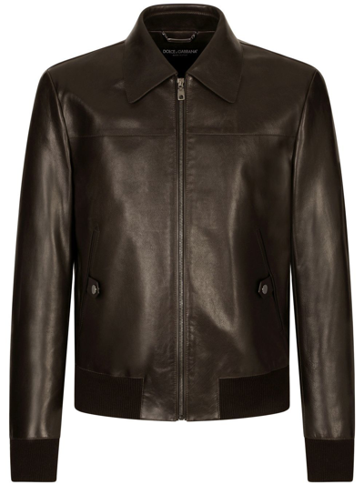 Dolce & Gabbana Collared Leather Bomber Jacket In Black