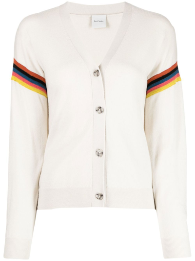 Paul Smith Stripe Detail Button Through Cardigan Whites In Parch