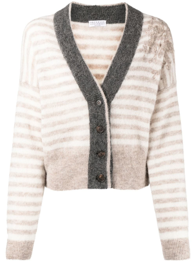Brunello Cucinelli Striped Floral-embroidered Cardigan In Camel