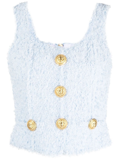 Balmain Button-detail Tweed Cropped Top In Blue