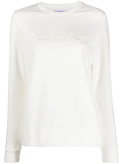 Calvin Klein Embossed-logo Long-sleeve T-shirt In Neutrals