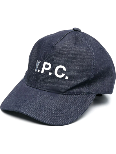 Apc Logo Print Cotton Denim Baseball Cap In Blue