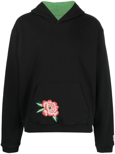 Kenzo Flower-embroidered Relaxed-fit Cotton Hoody In Black