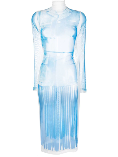 Mm6 Maison Margiela Sheer Uniform-print Dress In Blue