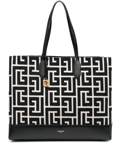 Balmain Bicolor Ivory And Black Jacquard Folded Shopping Bag In Fantasia