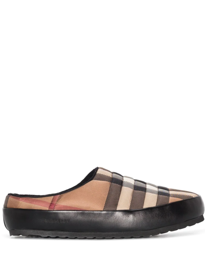 Burberry Leather-trimmed Quilted Checked Shell Backless Slip-on Sneakers In Birch Brown