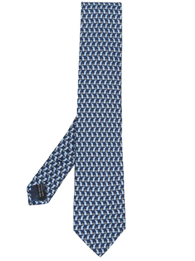 Ferragamo Napoleon Gancini Horse Head Print Silk Classic Tie In Blue