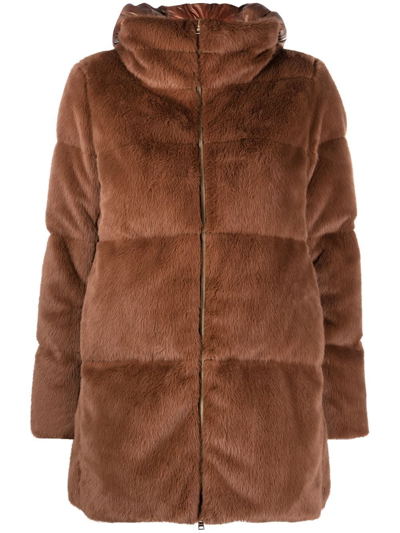 Herno Faux-fur Padded Hooded Coat In Braun