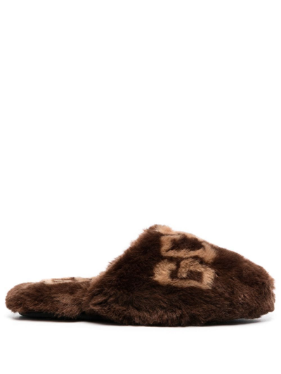 Gcds All-over Logo-print Faux-fur Slippers In Braun
