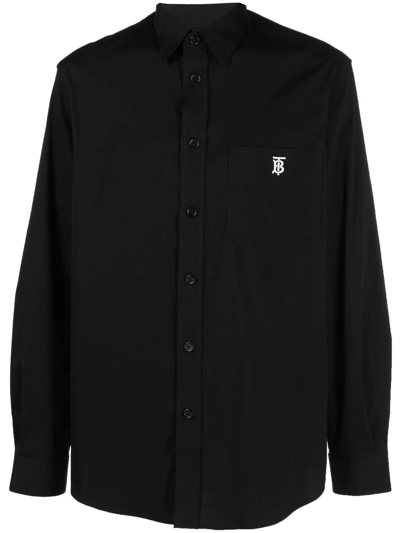 Burberry Stretch Cotton Shirt With Front Pocket And Rounded Hem In Black