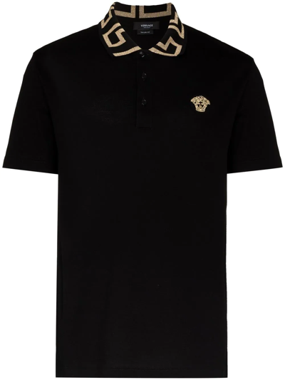 Versace Black Polo Shirt With Embroidered Medusa Head In Cotton Man In Multi-colored
