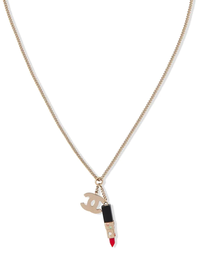 Pre-owned Chanel 2004 Lipstick Logo Necklace In Gold
