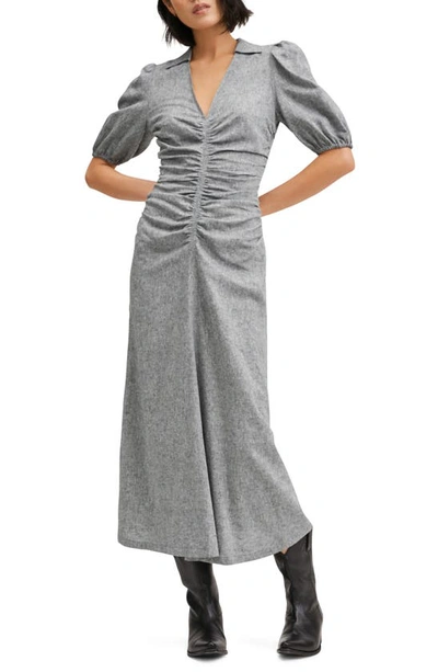 Mango Ruched Linen Blend Midi Dress In Grey | ModeSens