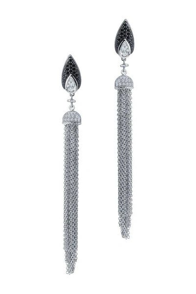 Lafonn Simulated Diamond Platinum Plated Sterling Silver Micro Pave Tassel Earrings In White/black