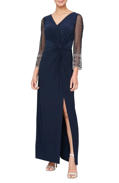 Alex Evenings Beaded Long Sleeve Gown In Dark Navy