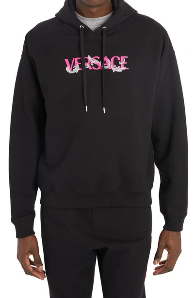 Versace Baroque Embroidered Cotton Logo Hoodie In Black
