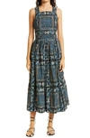 Ulla Johnson Kerani Printed High Square-neck Pleated Midi Dress In Azure
