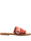 Chloé Woody Flat Logo Ribbon Slide Sandals In Red
