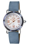 GV2 MARSALA TORTOISE PATTERN MOTHER-OF-PEARL DIAL DIAMOND SUEDE STRAP WATCH, 36MM
