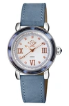 Gv2 Marsala Tortoise Pattern Mother-of-pearl Dial Diamond Suede Strap Watch, 36mm In Light Blue