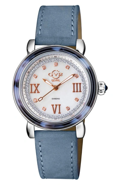 Gv2 Marsala Tortoise Pattern Mother-of-pearl Dial Diamond Suede Strap Watch, 36mm In Light Blue