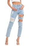 Grey Lab Cutout Ripped High Waist Slim Straight Leg Jeans In Denim