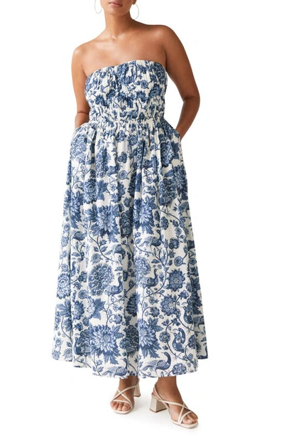 & Other Stories Floral Strapless Cotton Maxi Dress In White W. Large Blue  Flowers | ModeSens