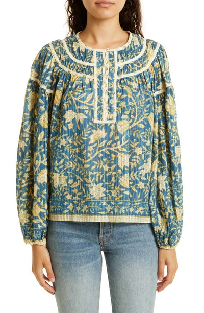 Ulla Johnson Kirana Gathered Floral Button-front Blouse In Blue