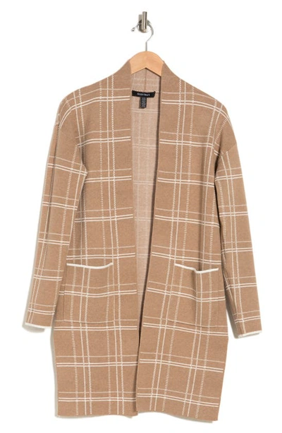 Ellen Tracy Two-tone Jacquard Sweater Cardigan In Camel Mix Plaid