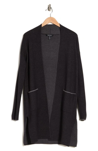Ellen Tracy Two-tone Jacquard Sweater Cardigan In Charcoal Mix